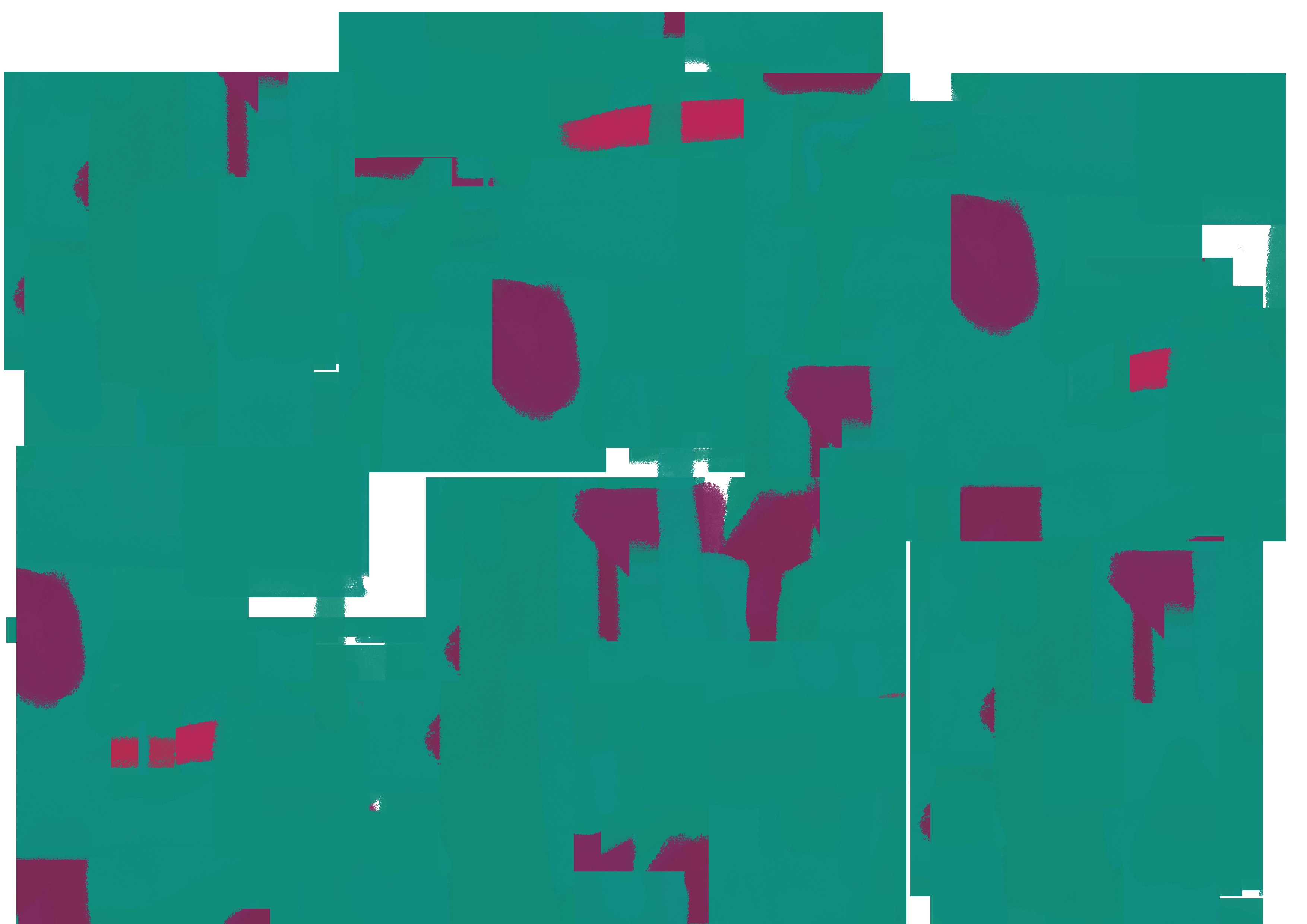 a bunch of overlapping turquioise rectangles with a few dark purple blobs and lines, and a few reddish-pink lines. there are visible brush strokes, but they've been pasted together and so don't match continuously, as if cut out from a magazine and rearranged.